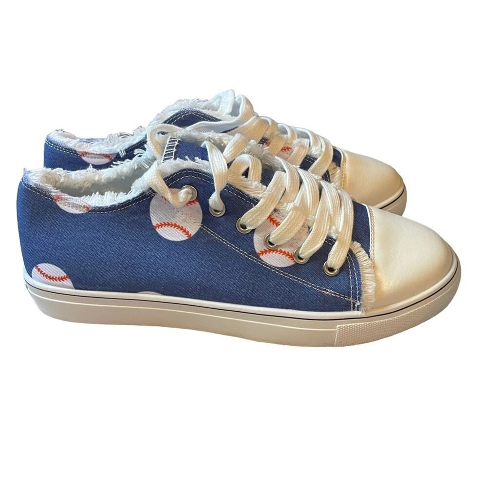 Blue Baseball-Print Women's Casual Sneakers